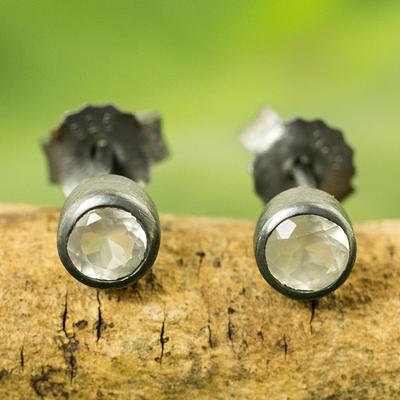 Sterling Silver Stud Earrings with Faceted Moonstone, 'Snow Glow'