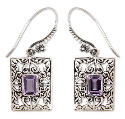 Sterling Silver and Amethyst Dangle Earrings, 'Mythic Garden'