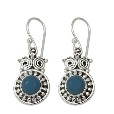 Sterling Silver and Chalcedony Earrings from India, 'Intuitive Owl'