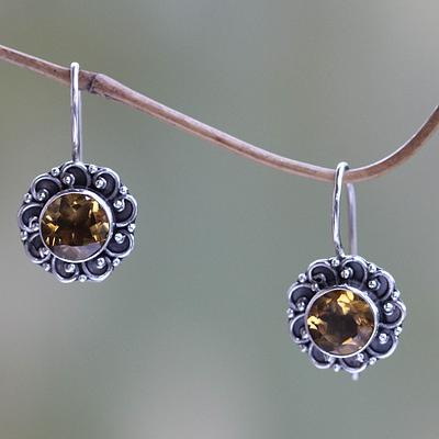 Sterling Silver and Citrine Sunflower Drop Earrings, 'Singaraja Sunflower Yellow'