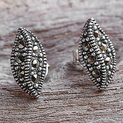 Sterling Silver and Marcasite Stud Leaf Earrings