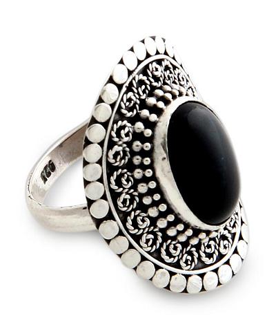 Sterling Silver and Onyx Cocktail Ring, 'Majesty Halo'