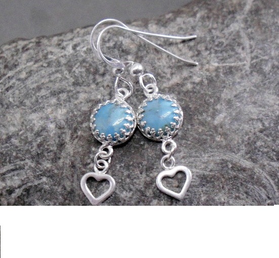 Sterling silver and turquoise dangle earrings , Sterling silver heart earrings , Turquoise cabochon earrings , Turquoise gemstone earrings