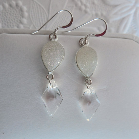 Stunning White Pear Druzy Gemstones and  Rhombus Crystal Earrings, Bridal Earrings, Wedding Earrings