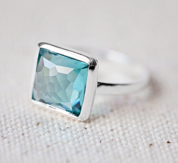 Teal Quartz Ring - Square Ring - Faceted Gemstone Ring - Stackable Ring