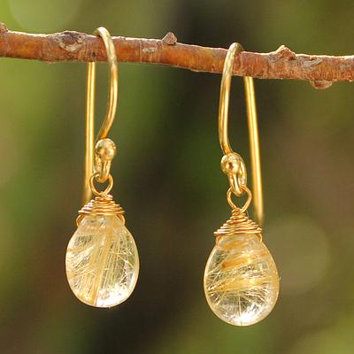 Thai Gold Vermeil and Rutile Quartz Dangle Earrings, 'Sublime Elegance'