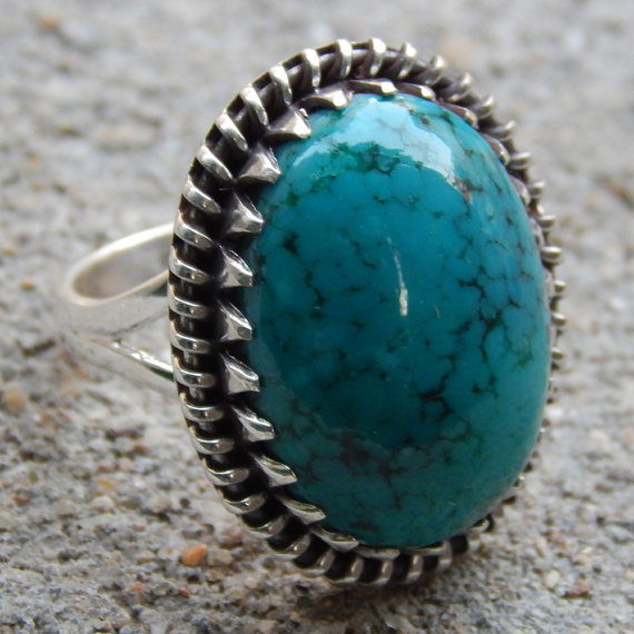 Tibet Turquoise Gemstone Ring Size 9 US 925 Sterling Silver Jewelry