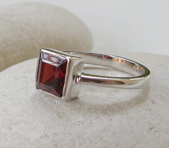 Tiny Square Garnet Ring- Stackable Ring- Promise Ring- Engagement Ring- Gemstone Ring- Birthstone Ring- Red Stone Ring- Garnet