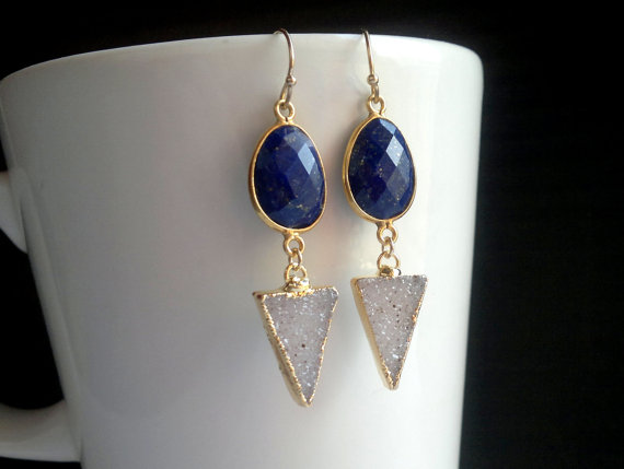 Triangle Druzy Earrings Blue Stone Earrings Double Gemstone Earrings Druzy Triangle Earrings Lapis Lazuli Earrings Long Gold Filled Druzy
