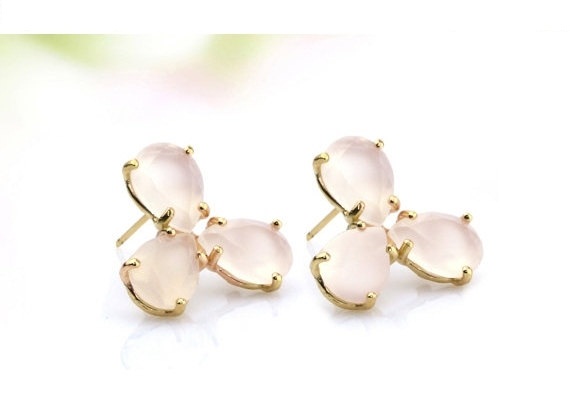 Triple rose quartz earrings,teardrop earrings,post earrings,prong setting earrings,gold earrings,gemstone earrings