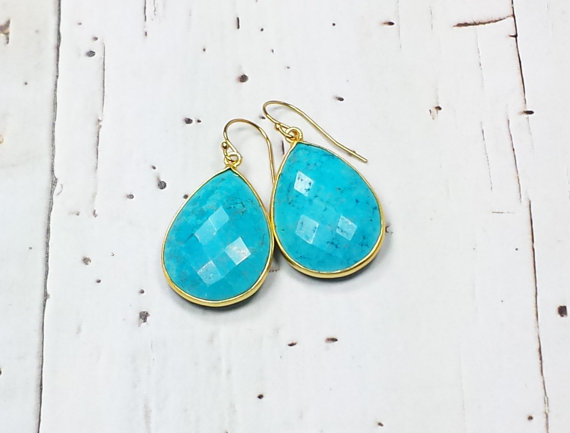 Turquoise Earrings, Turquoise Bezel Dangle Earrings, Blue Large Gemstone Earrings, 24K Gold Turquoise Earrings, Blue Clip-on Earrings