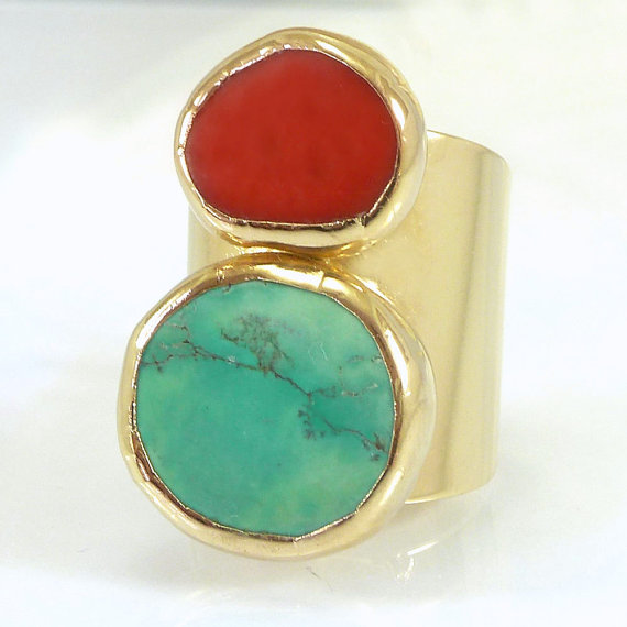 Turquoise Jewelry, Statement Turquoise Ring, December Birthstone, Gemstone Ring, Boho chic Ring, Coral and Turquoise Unique Gold ring