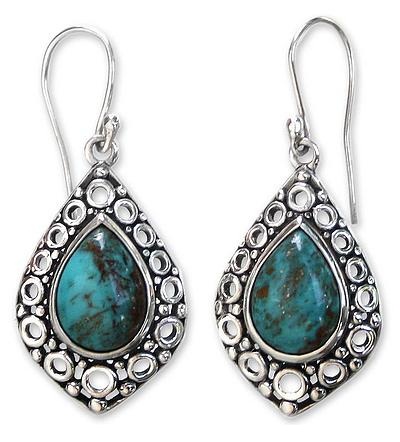 Turquoise Sterling Silver Dangle Earrings, 'Balinese Lake'