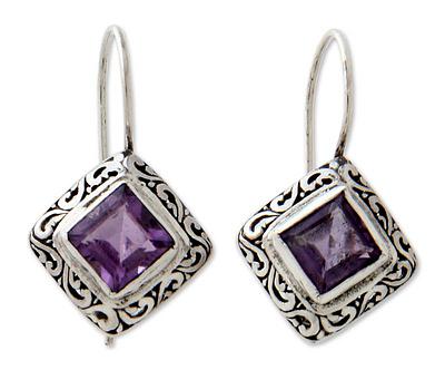 Unique Sterling Silver and Amethyst Drop Earrings, 'Ubud Goddess'