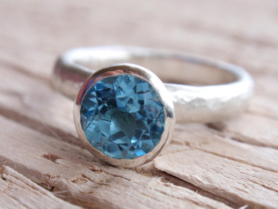 blue topaz ring - 7mm natural swiss blue topaz gemstone ring - stacking ring - solitaire - recycled sterling silver