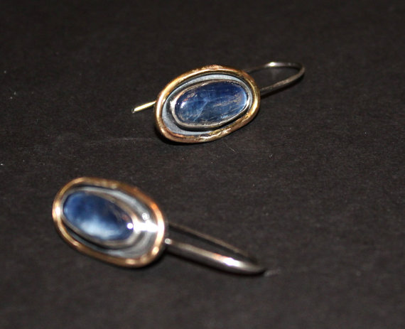 denim blue gemstone earrings - mixed metal earrings - kyanite earrings - blue earrings - silver gold earrings - rustic oxidized earrings