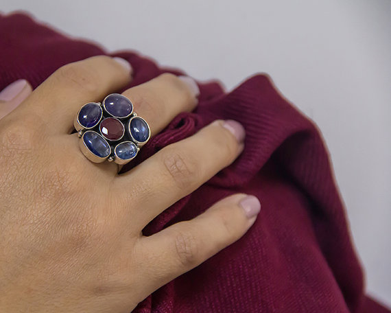  kyanite & Garnet Gemstone ring - Blue flower Tanzanite Ring - silver and gemstone ring - statement ring - gift idea