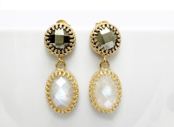 pyrite moonstone earrings,dangle earrings,long earrings,gold earrings,gemstone earrings,bridal earrings