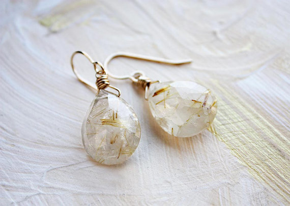 rutilated quartz earrings, teardrop earrings, gemstone earrings, 14k gold filled stone earrings, statement earrings