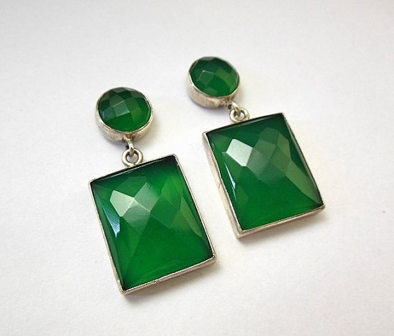 statement earrings - Faceted earrings - Green Onyx earrings - Rectangle earrings - Bezel earrings