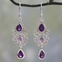 Amethyst Birthstone Dangle Earrings in Sterling Silver, 'Enchanted Princess'