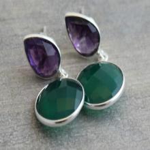 Amethyst Earrings - Green Onyx Earrings - Silver Earrings - Xmas Gifts- gemstone earrings - bezel set earrings