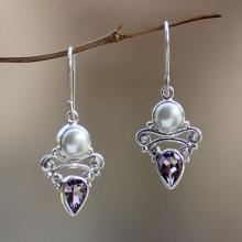 Amethyst and Pearl Dangle Earrings, 'Guardian Moon'