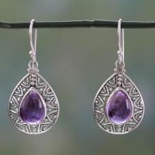 Amethyst on Sterling Silver Hook Earrings, 'Timeless Ganges'