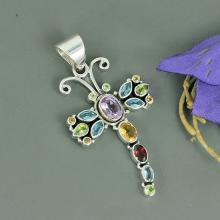 Amethyst, Citrine, Blue Topaz Multi Gemstone 925 Sterling Silver Pendant, Bezel Set Butterfly Shape Pendant, Unique Gift Jewelry