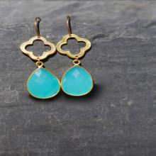 Aqua gemstone Earrings clover earrings quatrefoil jewelry aqua chalcedony Gold bezel set gemstone earrings