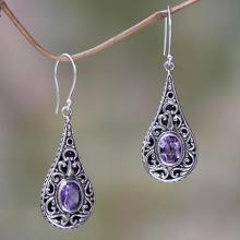 Artisan Crafted Earrings with Sterling Silver and Amethyst, 'Balinese Dew'