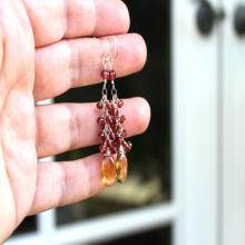 Beer Quartz Garnet Earrings Gemstone Sterling Silver Cluster Cascade, Red and Gold Dangle