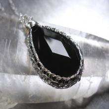 Black Onyx Necklace Sterling Silver Wire Crochet Pendant, Gemstone Jewelry