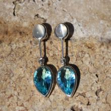 Blue Quartz and White Moonstone Earrings Bezel Set in Sterling Silver, Post Stud Gemstone Earrings