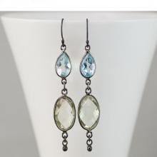 Blue Topaz Earrings - Oxidized Silver Earrings - Green Amethyst Gemstone Earrings - Long Dangle Earrings