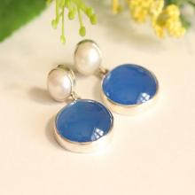 Blue earrings - Pearl earrings - Blue Chalcedony earrings - Bezel earrings - Post earrings - Gemstone