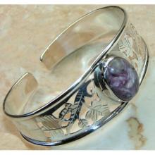 Charoite Cabochon Bangle 925 Sterling Silver