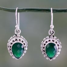 Checkerboard Cut Green Onyx and Sterling Silver Earrings, 'Evergreen Dreams'