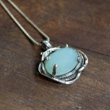 Chunky Silver pendant, Green jade Pendant, silver box chain, gemstone pendant, organic pendant, simple necklace
