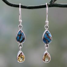 Citrine and Composite Blue Turquoise Dangle Earrings, 'Heavenly Light'