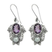 Cultured pearl and amethyst dangle earrings, 'Bali Blossoms'