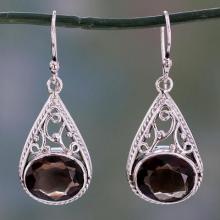 Dangle Style Earrings with Smoky Quartz and 925 Silver, 'Misty Romance'