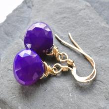 Dark Royal purple Chalcedony Heart Briolette Wire Wrapped Gemstone Earrings, Chalcedony Gemstone Dangle Drop Earrings, Wedding Jewelry