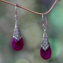 Deep Pink Chalcedony and Silver Dangle Earrings from Bali, 'Puncak Jaya in Pink'