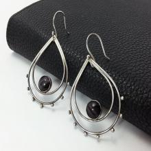 Double Teardrop Earrings, Sterling Silver Earrings, Dangle Earrings, Oxidized Silver Teardrop, Black Glass Cat's eye Cabochon