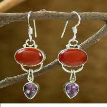 Fair Trade Sterling Silver Carnelian and Amethyst Earrings, 'Swings'