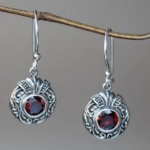 Fair Trade Sterling Silver and Garnet Dangle Earrings, 'Scarlet Ladybug'