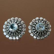 Floral Blue Topaz Sterling Silver Button Earrings, 'Cold Blue Sun'