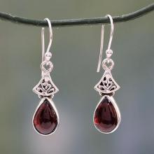 Garnet Earrings in Sterling Silver from India, 'Crimson Morn'