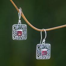 Garnet Handcrafted Balinese Sterling Silver Earrings, 'Red Lotus Pond'